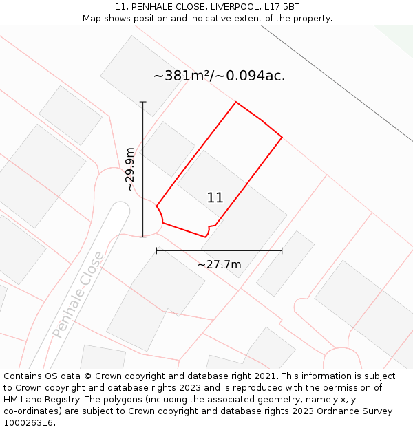 11, PENHALE CLOSE, LIVERPOOL, L17 5BT: Plot and title map