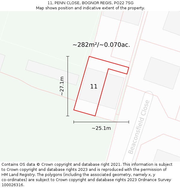 11, PENN CLOSE, BOGNOR REGIS, PO22 7SG: Plot and title map