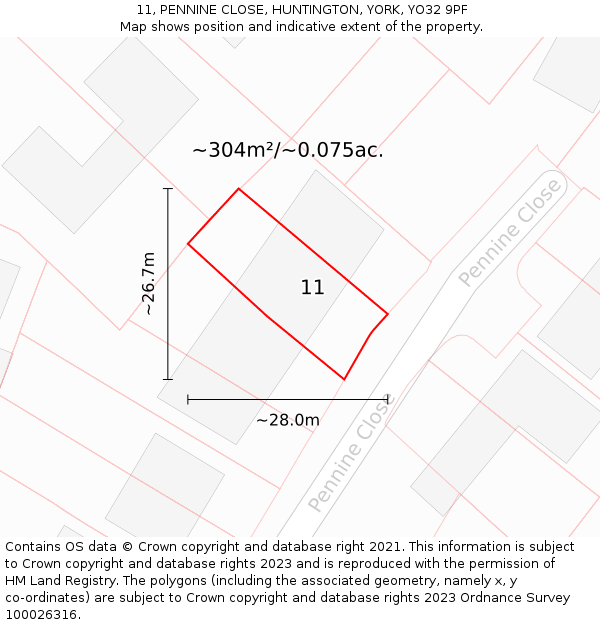 11, PENNINE CLOSE, HUNTINGTON, YORK, YO32 9PF: Plot and title map