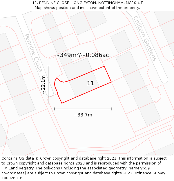 11, PENNINE CLOSE, LONG EATON, NOTTINGHAM, NG10 4JT: Plot and title map