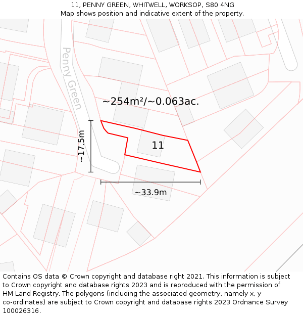 11, PENNY GREEN, WHITWELL, WORKSOP, S80 4NG: Plot and title map