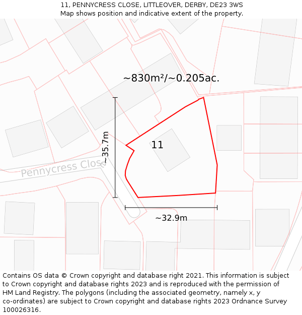 11, PENNYCRESS CLOSE, LITTLEOVER, DERBY, DE23 3WS: Plot and title map