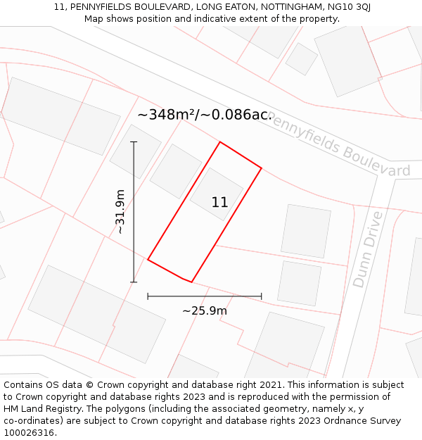 11, PENNYFIELDS BOULEVARD, LONG EATON, NOTTINGHAM, NG10 3QJ: Plot and title map