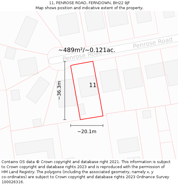 11, PENROSE ROAD, FERNDOWN, BH22 9JF: Plot and title map
