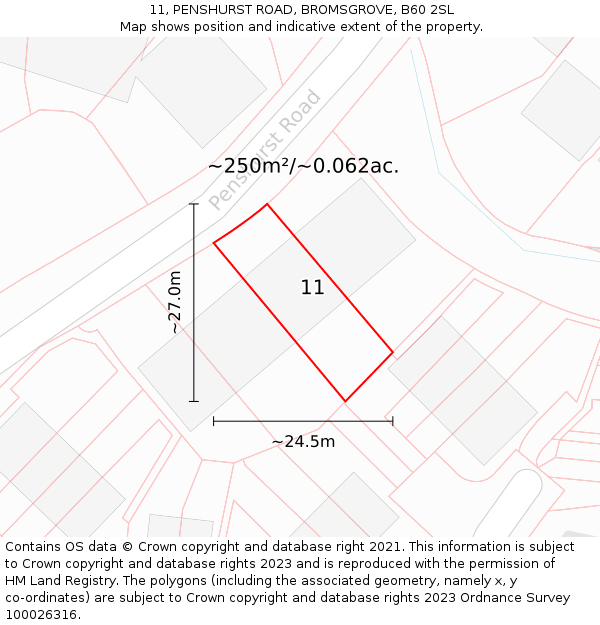 11, PENSHURST ROAD, BROMSGROVE, B60 2SL: Plot and title map