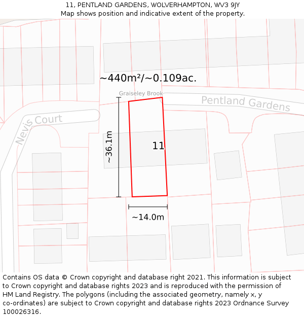 11, PENTLAND GARDENS, WOLVERHAMPTON, WV3 9JY: Plot and title map