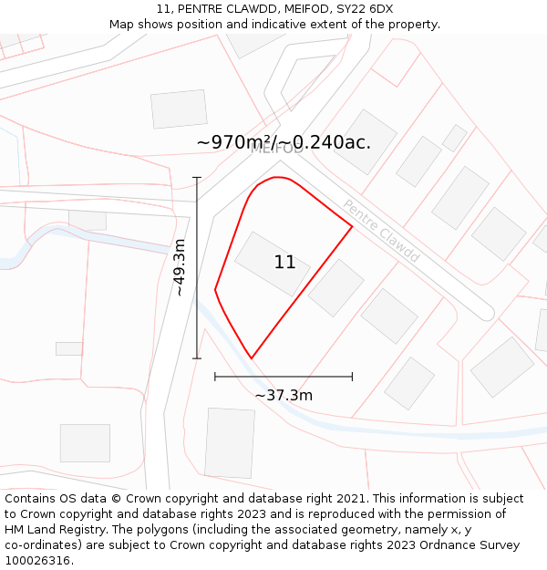 11, PENTRE CLAWDD, MEIFOD, SY22 6DX: Plot and title map