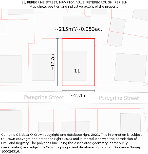 11, PEREGRINE STREET, HAMPTON VALE, PETERBOROUGH, PE7 8LH: Plot and title map