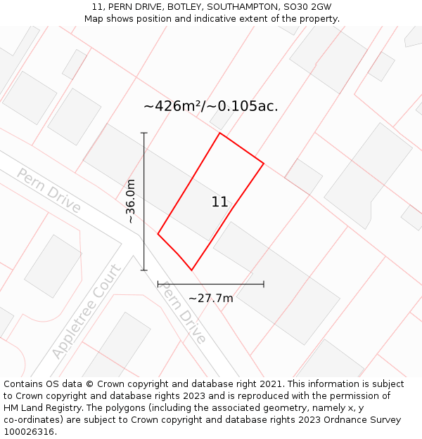 11, PERN DRIVE, BOTLEY, SOUTHAMPTON, SO30 2GW: Plot and title map