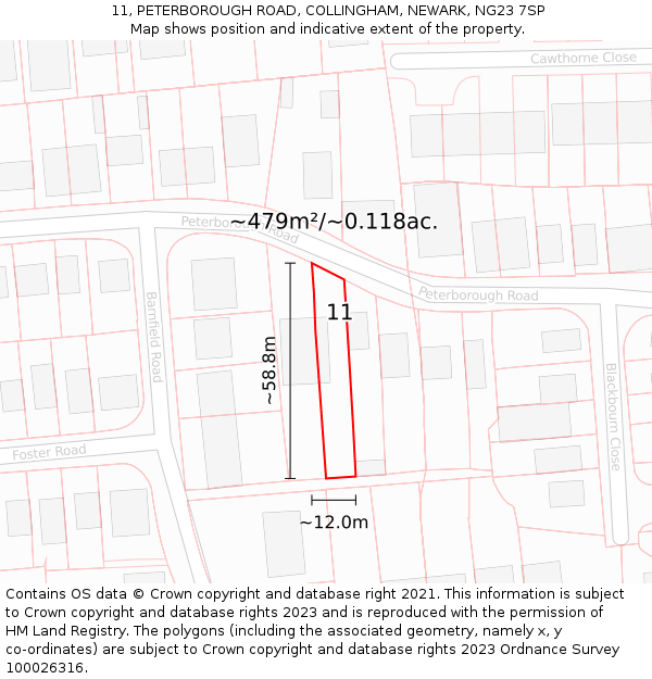 11, PETERBOROUGH ROAD, COLLINGHAM, NEWARK, NG23 7SP: Plot and title map