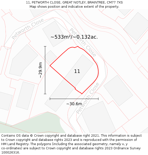 11, PETWORTH CLOSE, GREAT NOTLEY, BRAINTREE, CM77 7XS: Plot and title map