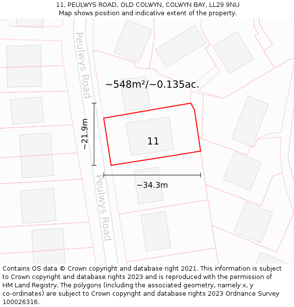 11, PEULWYS ROAD, OLD COLWYN, COLWYN BAY, LL29 9NU: Plot and title map