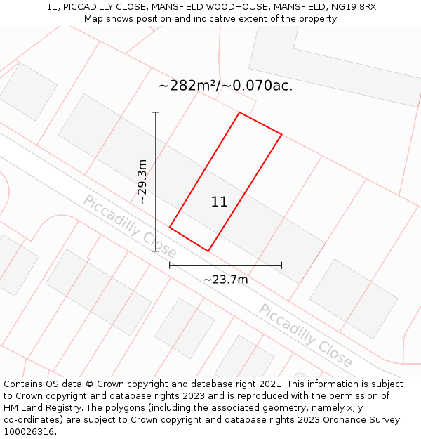 11, PICCADILLY CLOSE, MANSFIELD WOODHOUSE, MANSFIELD, NG19 8RX: Plot and title map