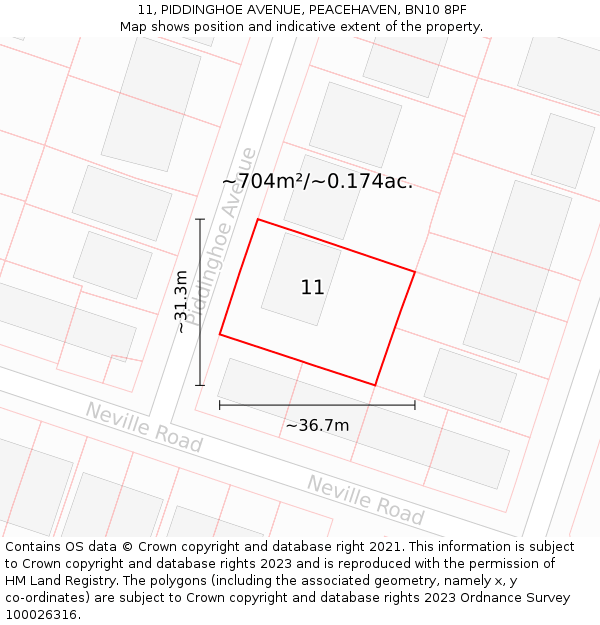 11, PIDDINGHOE AVENUE, PEACEHAVEN, BN10 8PF: Plot and title map