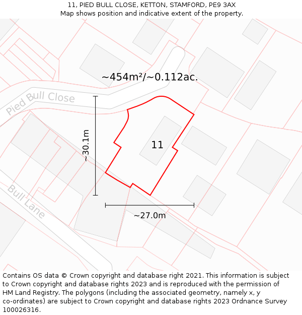 11, PIED BULL CLOSE, KETTON, STAMFORD, PE9 3AX: Plot and title map