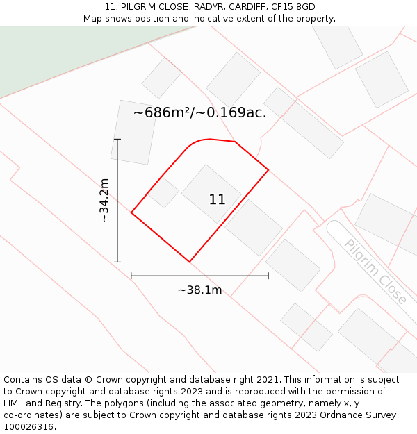 11, PILGRIM CLOSE, RADYR, CARDIFF, CF15 8GD: Plot and title map