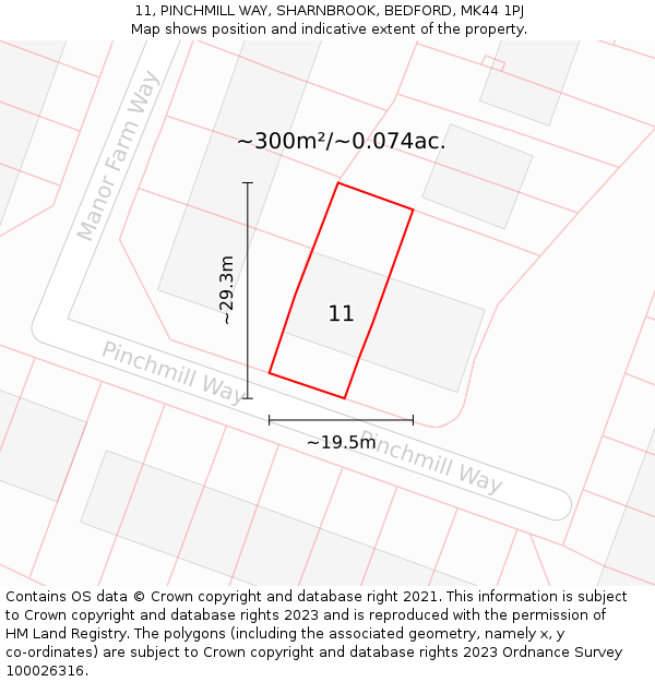 11, PINCHMILL WAY, SHARNBROOK, BEDFORD, MK44 1PJ: Plot and title map