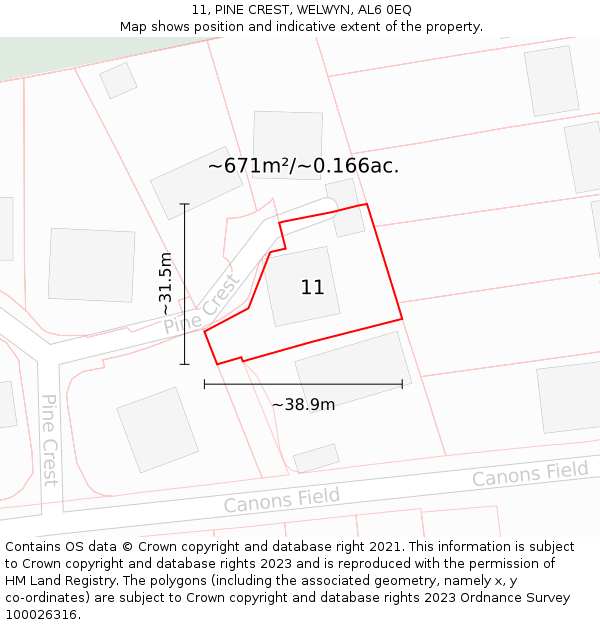 11, PINE CREST, WELWYN, AL6 0EQ: Plot and title map