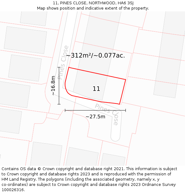 11, PINES CLOSE, NORTHWOOD, HA6 3SJ: Plot and title map