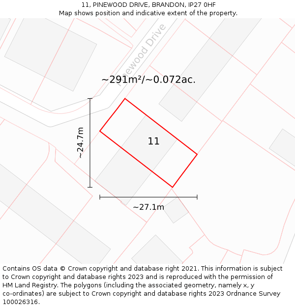 11, PINEWOOD DRIVE, BRANDON, IP27 0HF: Plot and title map