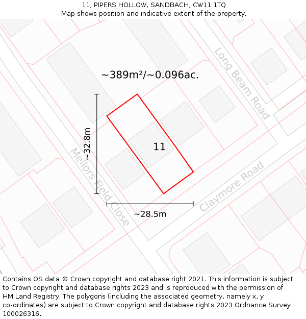 11, PIPERS HOLLOW, SANDBACH, CW11 1TQ: Plot and title map