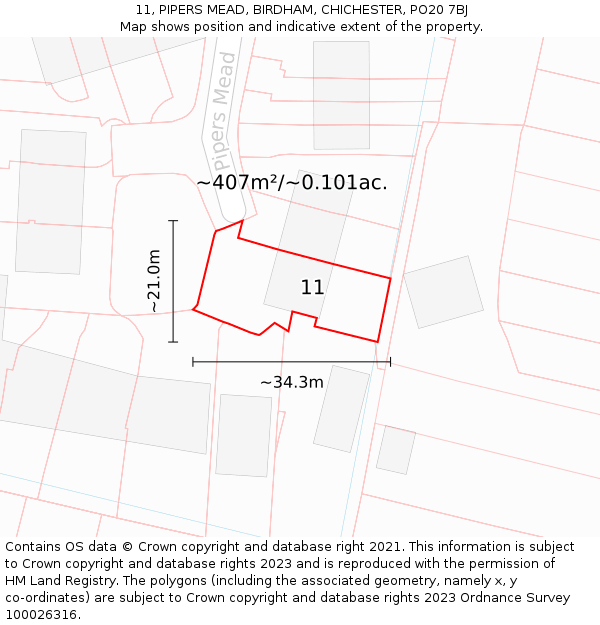 11, PIPERS MEAD, BIRDHAM, CHICHESTER, PO20 7BJ: Plot and title map