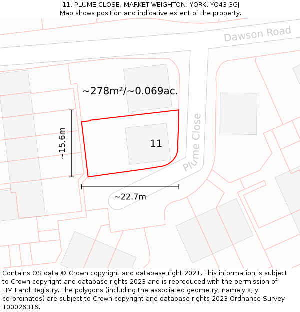 11, PLUME CLOSE, MARKET WEIGHTON, YORK, YO43 3GJ: Plot and title map