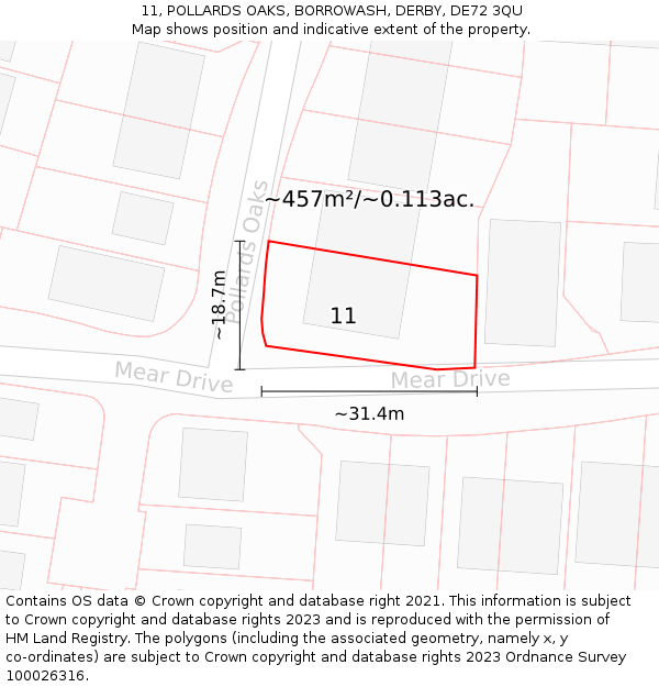 11, POLLARDS OAKS, BORROWASH, DERBY, DE72 3QU: Plot and title map