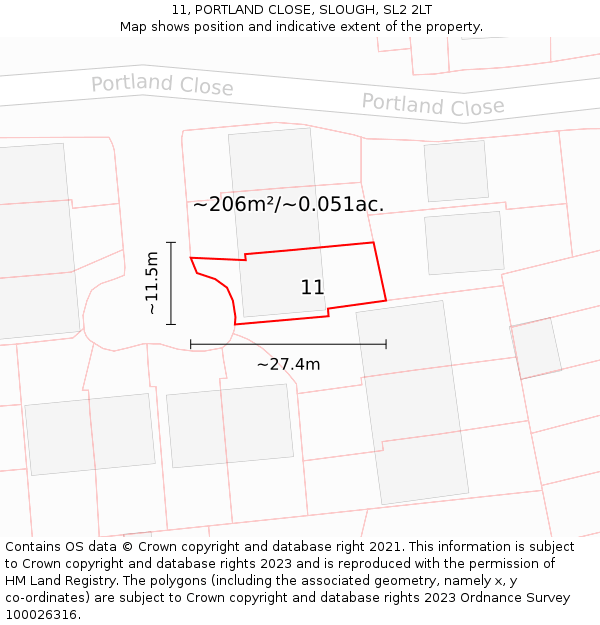 11, PORTLAND CLOSE, SLOUGH, SL2 2LT: Plot and title map