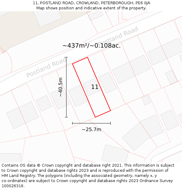 11, POSTLAND ROAD, CROWLAND, PETERBOROUGH, PE6 0JA: Plot and title map