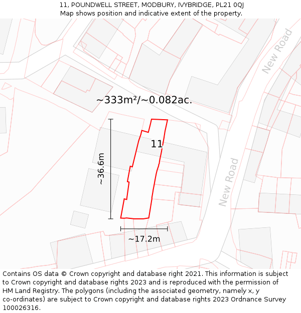 11, POUNDWELL STREET, MODBURY, IVYBRIDGE, PL21 0QJ: Plot and title map