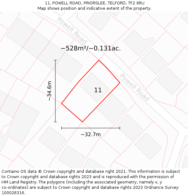 11, POWELL ROAD, PRIORSLEE, TELFORD, TF2 9RU: Plot and title map