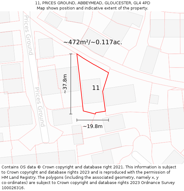 11, PRICES GROUND, ABBEYMEAD, GLOUCESTER, GL4 4PD: Plot and title map