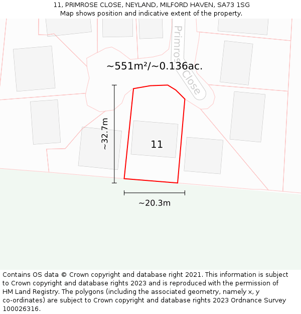 11, PRIMROSE CLOSE, NEYLAND, MILFORD HAVEN, SA73 1SG: Plot and title map