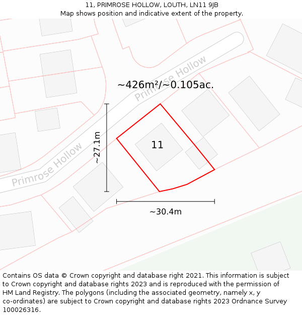 11, PRIMROSE HOLLOW, LOUTH, LN11 9JB: Plot and title map