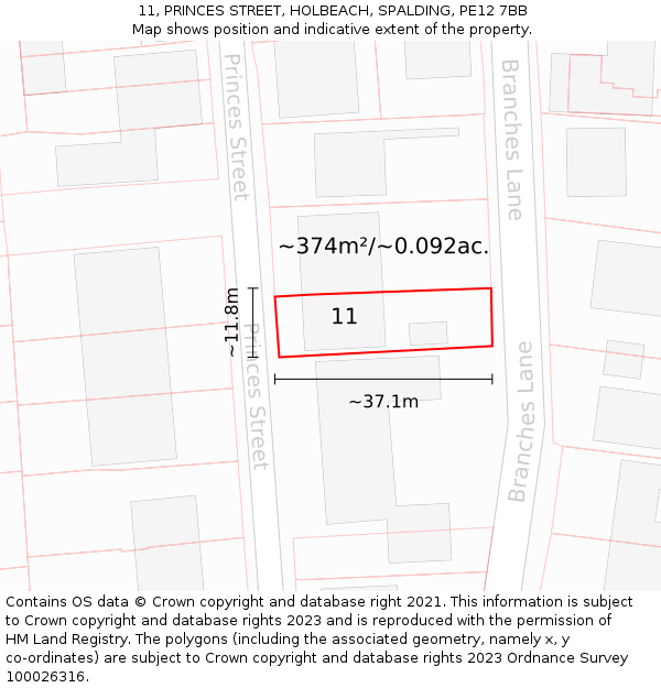 11, PRINCES STREET, HOLBEACH, SPALDING, PE12 7BB: Plot and title map