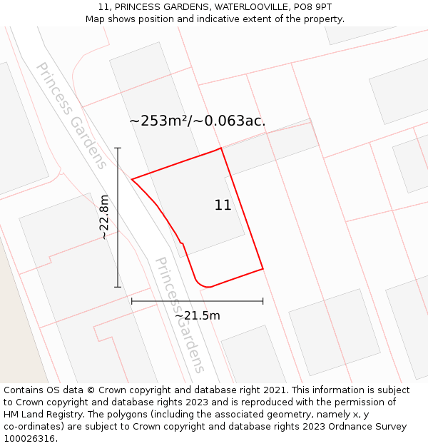 11, PRINCESS GARDENS, WATERLOOVILLE, PO8 9PT: Plot and title map