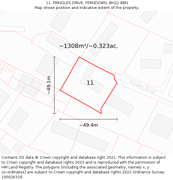 11, PRINGLES DRIVE, FERNDOWN, BH22 8BN: Plot and title map