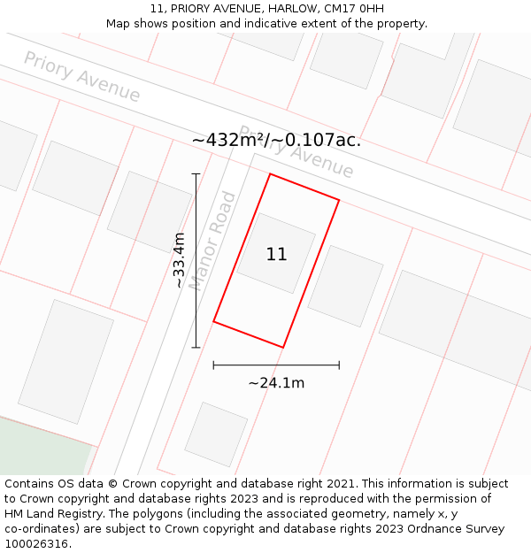 11, PRIORY AVENUE, HARLOW, CM17 0HH: Plot and title map