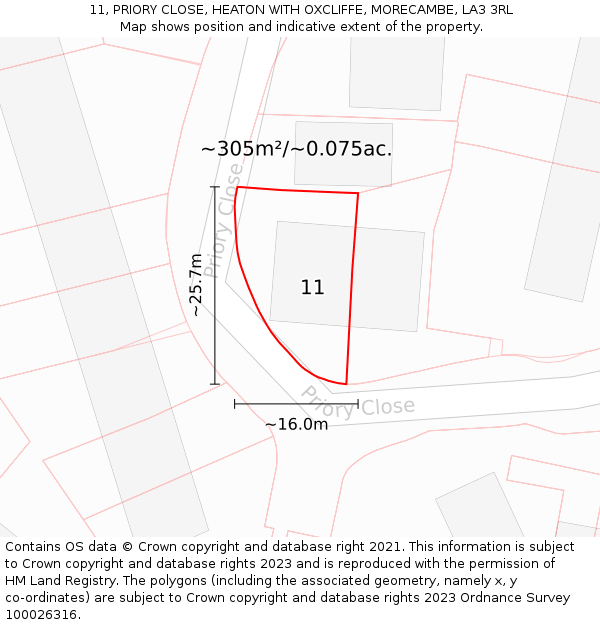 11, PRIORY CLOSE, HEATON WITH OXCLIFFE, MORECAMBE, LA3 3RL: Plot and title map