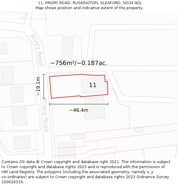 11, PRIORY ROAD, RUSKINGTON, SLEAFORD, NG34 9DJ: Plot and title map