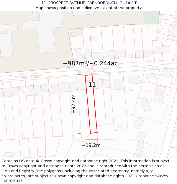 11, PROSPECT AVENUE, FARNBOROUGH, GU14 8JT: Plot and title map