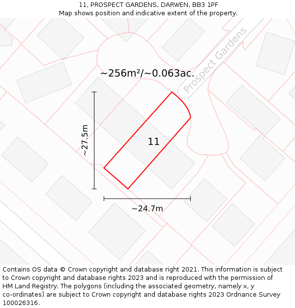 11, PROSPECT GARDENS, DARWEN, BB3 1PF: Plot and title map