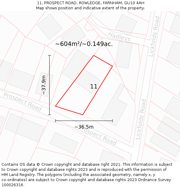 11, PROSPECT ROAD, ROWLEDGE, FARNHAM, GU10 4AH: Plot and title map