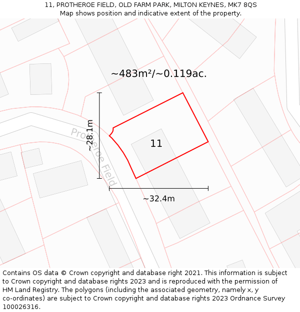 11, PROTHEROE FIELD, OLD FARM PARK, MILTON KEYNES, MK7 8QS: Plot and title map