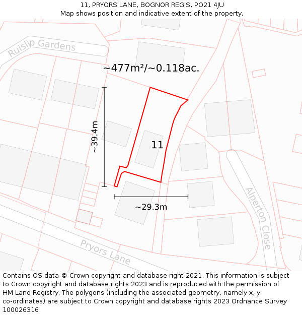 11, PRYORS LANE, BOGNOR REGIS, PO21 4JU: Plot and title map