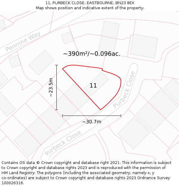 11, PURBECK CLOSE, EASTBOURNE, BN23 8EX: Plot and title map