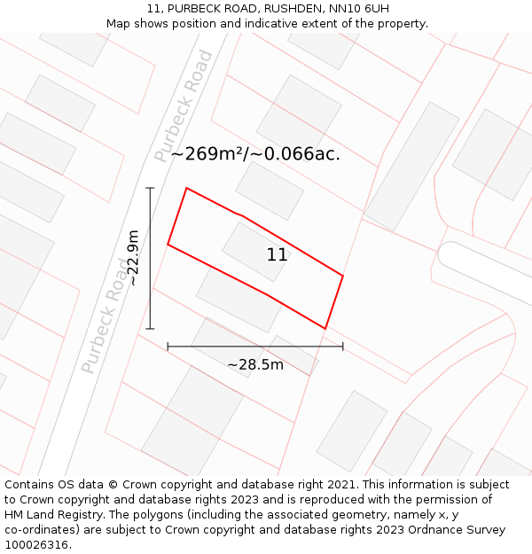 11, PURBECK ROAD, RUSHDEN, NN10 6UH: Plot and title map