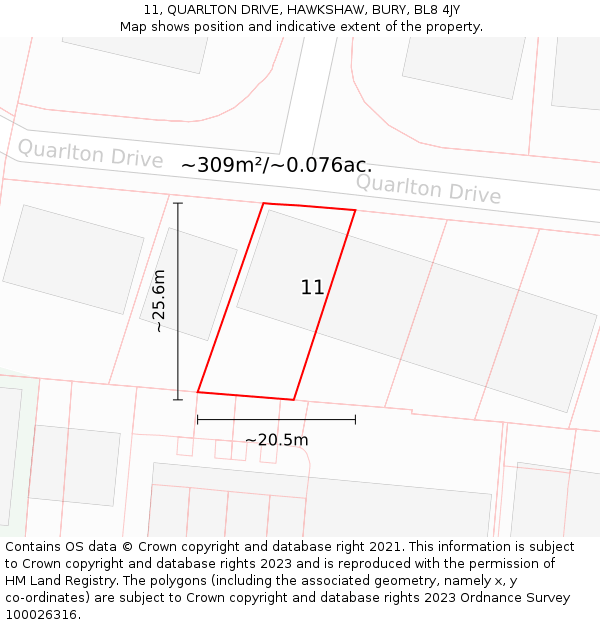 11, QUARLTON DRIVE, HAWKSHAW, BURY, BL8 4JY: Plot and title map