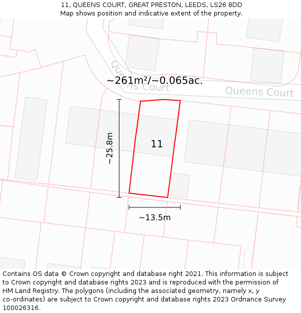 11, QUEENS COURT, GREAT PRESTON, LEEDS, LS26 8DD: Plot and title map